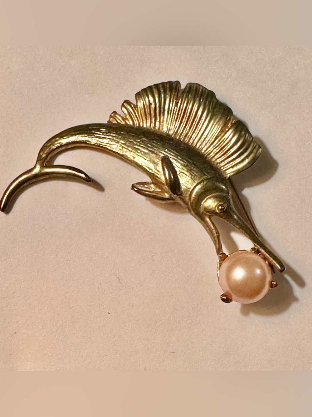 Trifari Vintage Classic Gold-tone Sailfish Brooch with Pearl Accent